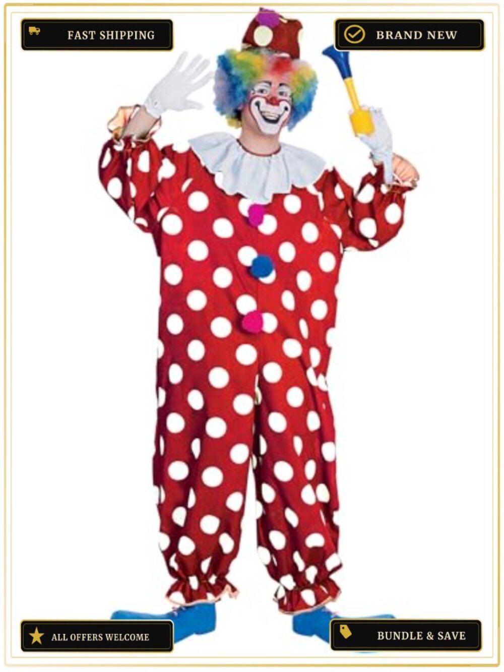 Clown Costume 100% Polyester Hat Jumpsuit Neck Ruffle Halloween Cosplay
